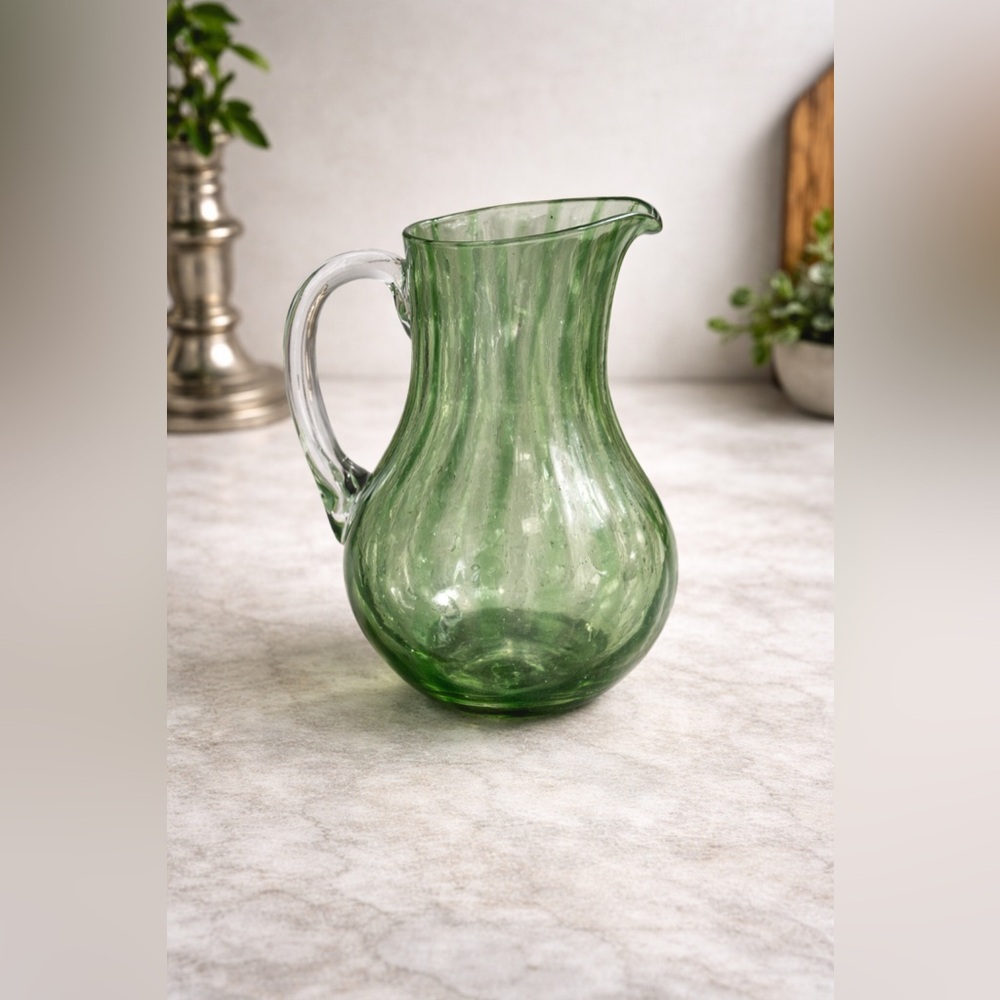Vintage 9” Hand-Blown Green Optic Swirl Art Glass Pitcher - “SAV” Blown Studios